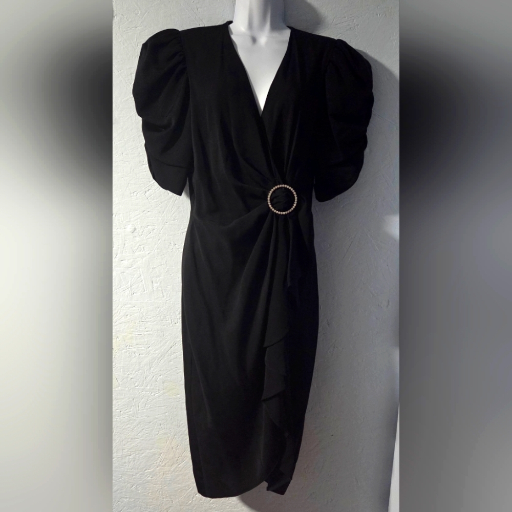Vintage 80s BB Collections Puff Sleeve Wrap Dress W/Rhinestone Accent - Size 8